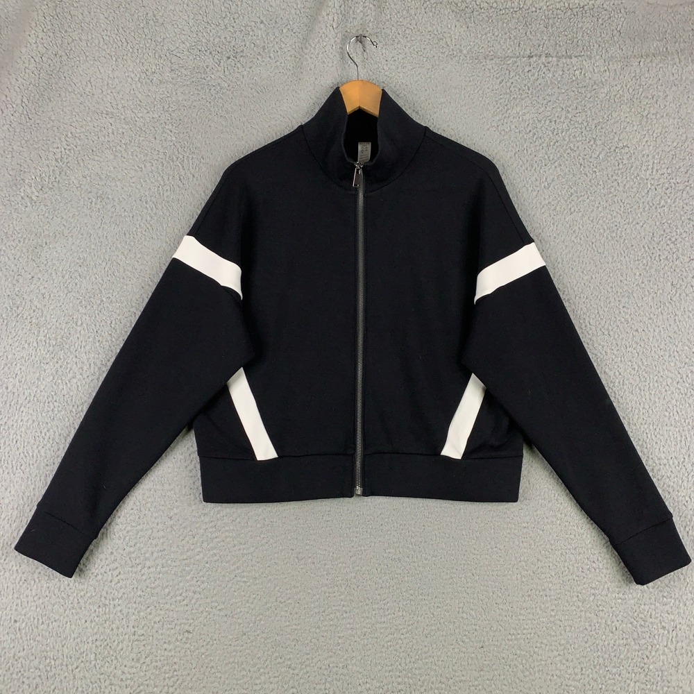 Spanx AirEssentials Varsity Jacket Womens Large Black White Stripe Full Zip Soft